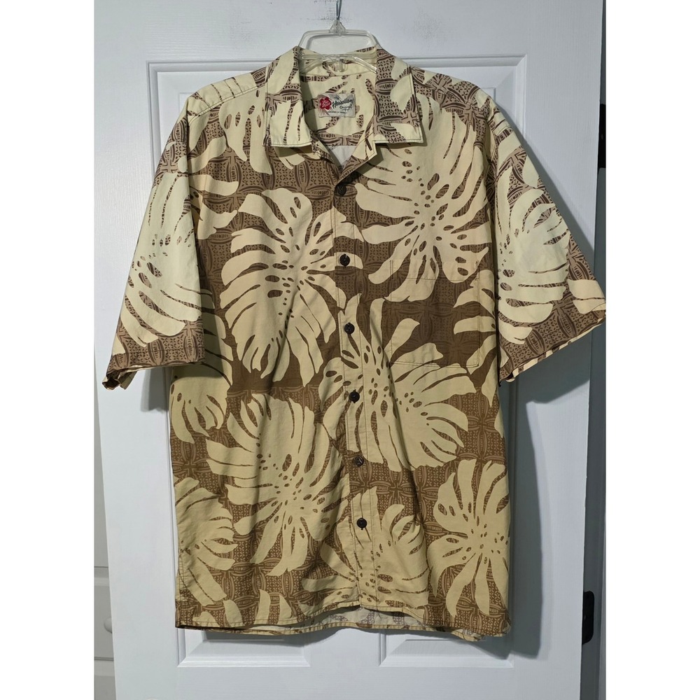 Vintage Hilo Hattie The Hawaiian Original Monstera Leaf Print Shirt XL Brown